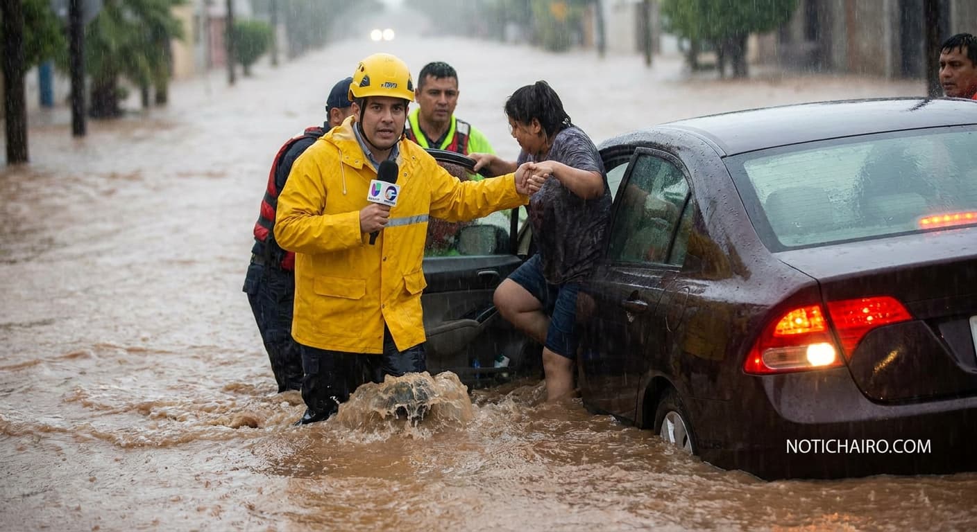 Reportero arriesga su vida para RESCATAR a un conductor que quedó atrapado en su auto en plena INUNDACIÓN | VIDEO