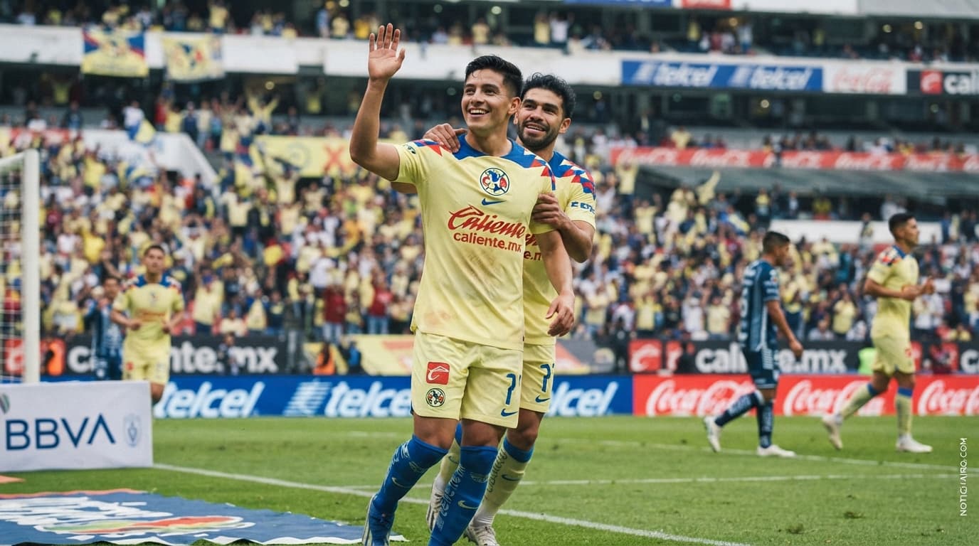 Jugadores del América celebran uno de los 32 goles que los tienen en la cima del torneo.