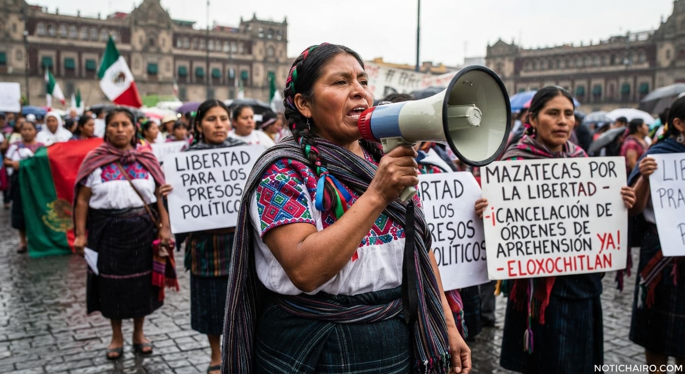 Integrantes del colectivo Mazatecas por la Libertad durante su protesta en la fiscalía oaxaqueña.