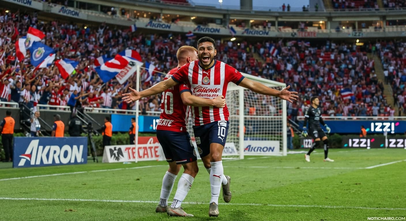 Roberto Alvarado celebra la anotación que le dio la victoria a Chivas frente a Rayados en el Estadio Akron.
