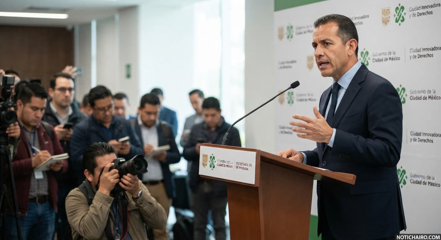 Inti Muñoz, secretario de Vivienda de la CDMX, durante la presentación de la estrategia de vivienda.