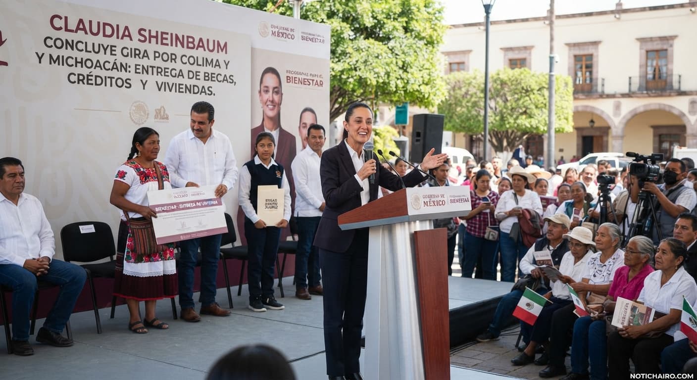 Claudia Sheinbaum concluye gira por Colima y Michoacán con entrega de becas, créditos y viviendas