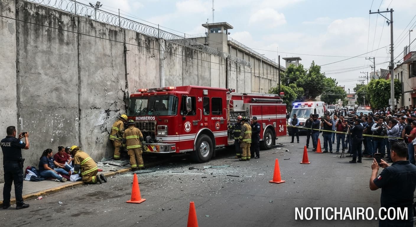 El camión oficial quedó incrustado en el muro perimetral tras impactar a un colectivo.