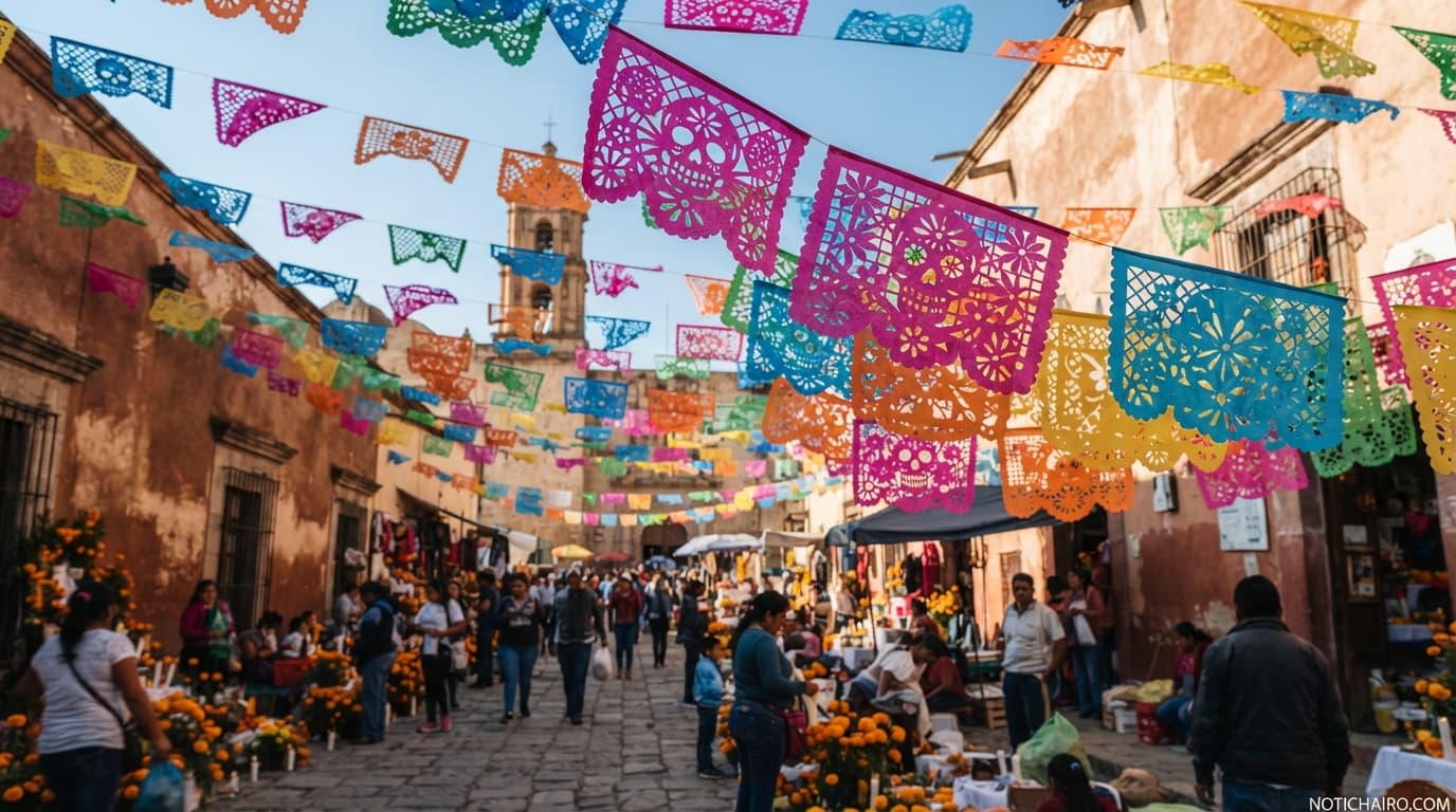 Artesano del taller familiar en Xochimilco perfilando los detalles tradicionales sobre pliegos de papel picado.