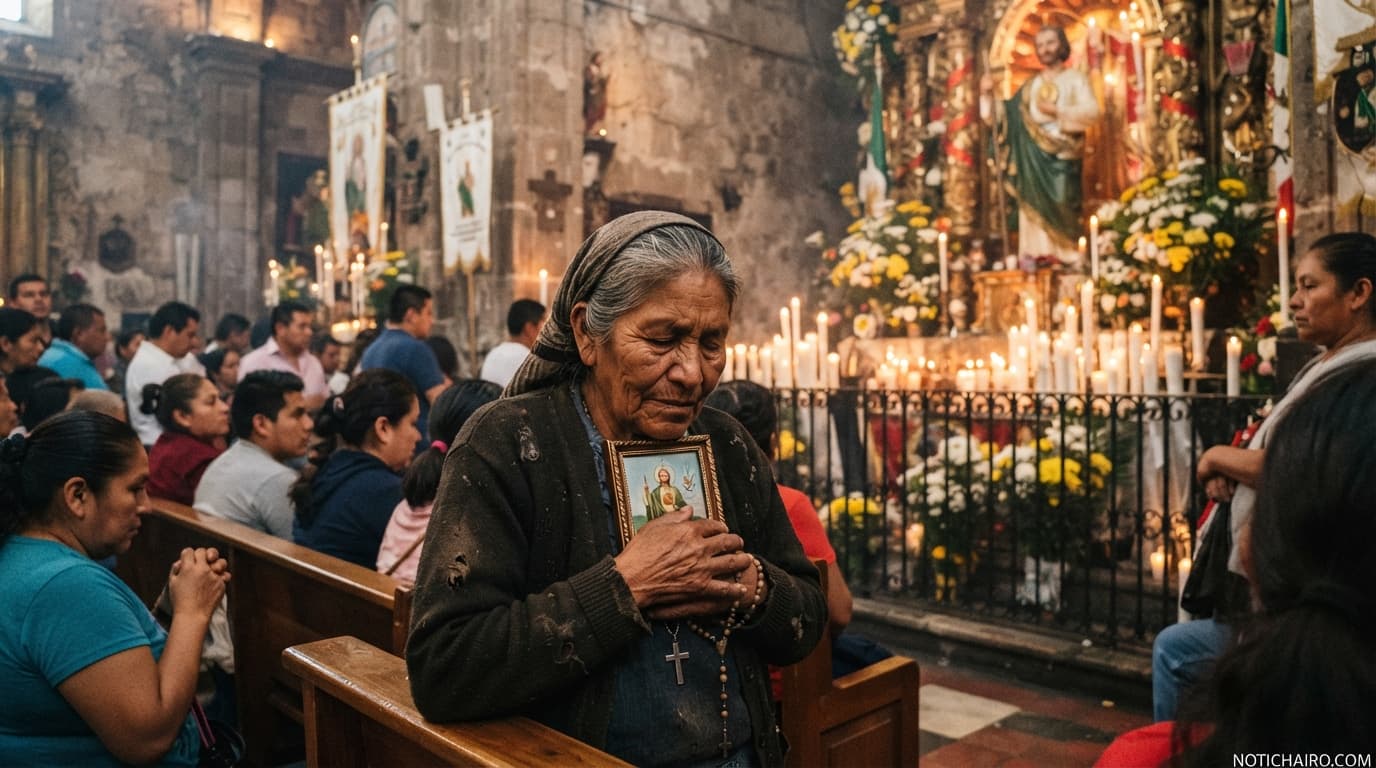 Devotos se concentran a las afueras de la Iglesia de San Hipólito en la Ciudad de México.