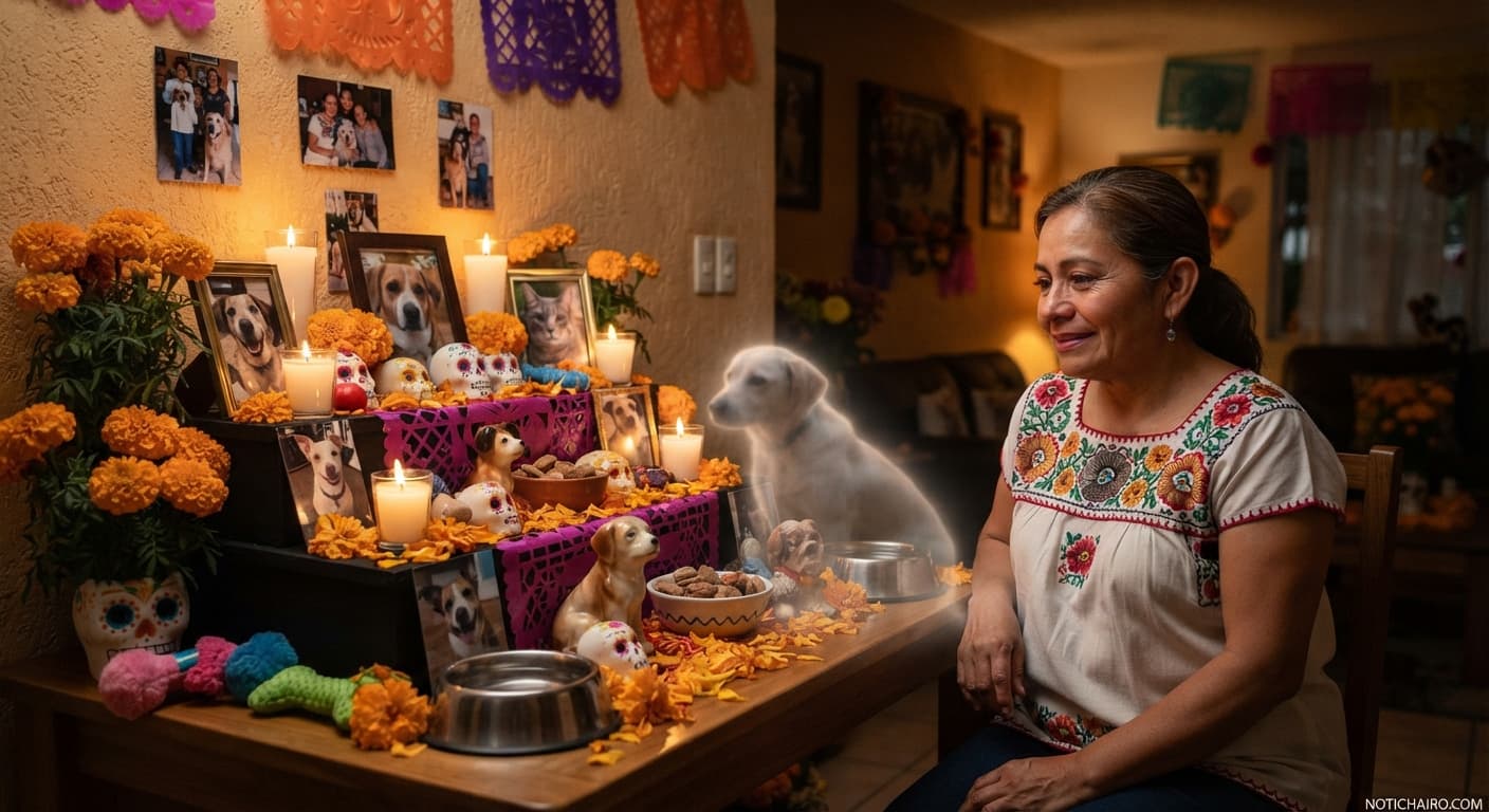 Ofrenda tradicional dedicada a mascotas fallecidas durante la celebración de Día de Muertos en México.