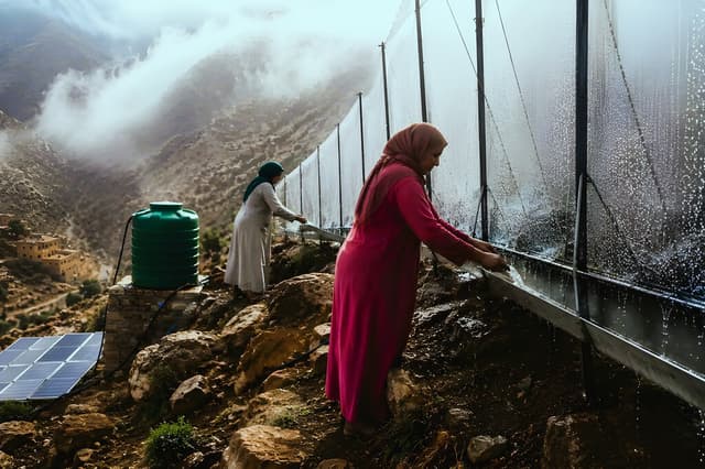 Mientras los pueblos se secan, las mujeres en Marruecos
suben a las montañas para capturar niebla: la convierten en agua potable