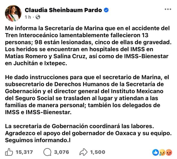 Se atiende a afectados y familias tras accidente del tren: Claudia Sheinbaum