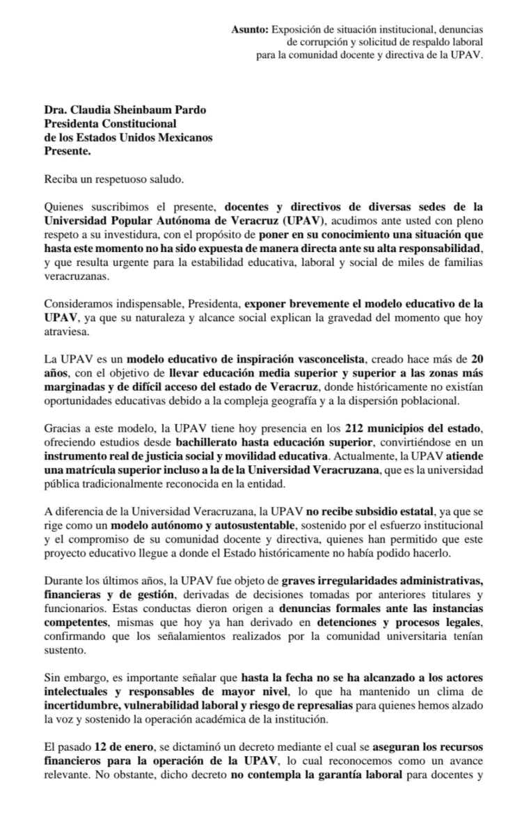 Trabajadores de la UPAV llevarán denuncia laboral y de posible corrupción a la Presidenta Claudia Sheinbaum